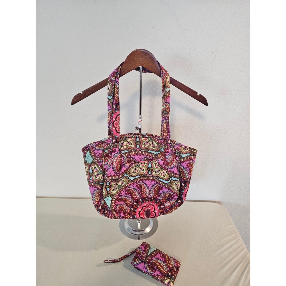 Vera Bradley Tote Bag Pink Paisley Quilted Cotton Shoulder Bag With Wristlet